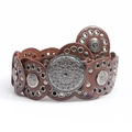 Bohemian wide brown leather belt with silver rivets and embossed metal buckle - Reddish Brown With Gun Black Buckle