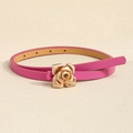 Women's slim fuchsia leather belt with decorative gold metallic rose flower buckle - Rose Red