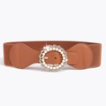 Brown elastic belt with round pearl and rhinestone buckle for women's dresses - Camel