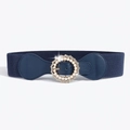 Navy blue elastic wide waist belt for women with pearl and rhinestone buckle - Navy Blue