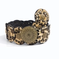 Bohemian leopard hair belt with vintage bronze metal studs and engraved sunburst plates - Leopard Print With Bronze Buckle