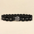 Retro bohemian waist belt with black leather circles, silver rivets, and rhinestone buckle - Black