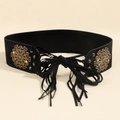 Retro black wide corset belt with vintage gold filigree plates and lace-up tassels - Black