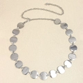 Detailed view of adjustable silver metal chain belt with polished circular plates and lobster clasp - Silver
