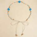 Handmade bohemian braided waist chain with blue beads and wooden accents for dresses - Off-white Blue Beads