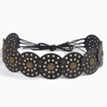 Cintura stile western con dischi in pelle nera, occhielli dorati e cordoncino intrecciato - Bronzo Nero