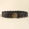 Detail of bohemian wide belt with black round leather pieces and vintage brass buckle - Bronze Black / 100cm