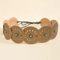 Ceinture bohème en cuir marron avec clous turquoise et fermeture à nouer ajustable - Champagne Bronze