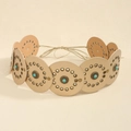 Ethnic wide waist belt with turquoise inlays and metal eyelets on beige round leather discs - Bronze Light Gold
