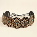 Leopard print disc belt with turquoise accents and eyelet details for women - Bronze Leopard
