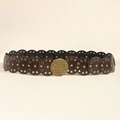 Detail of western vintage belt with brown leather circles and engraved metal buckle - Bronze Coffee / 100cm