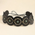 Bohemian black leather disk belt with turquoise beads and bronze metallic eyelets - Bronze Black