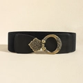 Vintage elastic wide waist belt for women with retro gold floral engraved buckle - Bronze Black