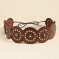 American vintage brown leather belt with turquoise metal discs and sunflower design - Antique Red Brown