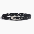 Close-up of black punk star belt with silver moon buckle and teardrop leather panels - Black Silver