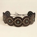 Bohemian dark brown leather waist belt with turquoise stones and metal eyelets - Bronze Coffee
