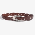 Detail view of brown leather belt with silver star rivets and meteor shaped metal buckle - Red Brown Silver