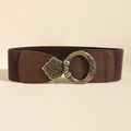 Vintage elastic brown waist belt featuring ornate bronze floral carved buckle for dresses - Bronze Coffee