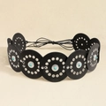 Bohemian style black leather disc waist chain belt with turquoise stones and silver eyelets - Silver Black