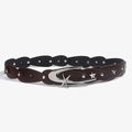 Detail of teardrop leather belt with silver star buckle and metal rivet accents - Coffee-Silver