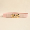 Pink elastic waist belt for women with interlocking gold floral buckle for dresses - Pink Gold