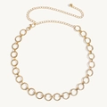 Detailed macro view of a gold hollow circle chain belt with adjustable link and lobster clasp - Gold Style (587)