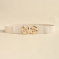 Close-up of cream elastic belt featuring elegant gold floral double buckle detail - Champagne Gold