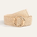 Detail of beige woven straw belt featuring a gold round buckle with bamboo texture - Off-White Texture (865)