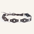 Vintage bohemian brown leather belt with metal rivets and silver link rings - Antique Silver Coffee