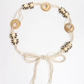 Close-up of bohemian braided waist belt with cream cotton ropes and round wooden beads - Circular Ring Patchwork Style (Y585) / Beige