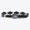 Cinturón vintage de cuero con anillas metálicas y hebilla turquesa para vaqueros mujer - Negro Plata Brillante