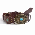 Dettaglio cintura in pelle marrone con fibbia in ottone e pietre turchesi - Bronzo Rosso Marrone / 105cm