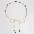 Bohemian hand-woven cream cord belt with colorful turquoise and wooden beads - Multi-Color Mixed Beads Style (Y582) / Beige