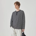 Heren Henley T-shirt met lange mouwen en klassieke zwart-witte strepen, casual fit - S / Henley-hals (Y865) / Zwart