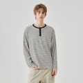 Gestreepte heren T-shirt met lange mouwen en zwarte contrasterende Henley-halslijn - S / Henley-hals (Y865) / Abrikoos