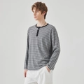 Heren gestreept T-shirt met lange mouwen in grijs en zwart met een klassieke Henley-hals - S / Henley-hals (Y865) / Grijs