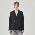 Men's casual black blazer with a unique side belt buckle closure and notch lapels - S / Black