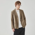 Men's casual khaki brown blazer jacket with side metal buckle detail and slim fit design - S / Khaki