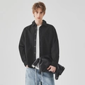 Men's minimalist black long-sleeve shirt with lapel collar and single chest pocket - S / Black
