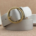 Chic women's champagne gold PU leather belt with a polished round metal buckle - Silver