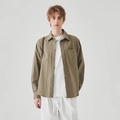 Men's loose olive brown long sleeve button-down shirt with chest pocket and lapel collar - L / Brown