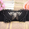Cinturón elástico negro para mujer con lazo de mariposa de cuentas y marcos de metal dorado - Tipo estándar / Negro