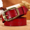 Vintage red leather belt with butterfly floral embossing and bronze flower metal buckle - Red