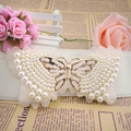 Cinturón elástico de mariposa dorada con perlas blancas y encaje decorativo elegante - Tipo estándar / Blanco Roto