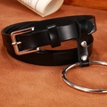 Ceinture femme en cuir noir avec boucle carrée argentée et grand anneau métallique O-ring - Noir