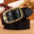 Women's black leather belt with embossed butterfly floral pattern and retro gold buckle - Black