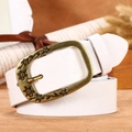 White leather belt for women featuring vintage floral buckle and butterfly embossing - White