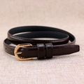 Deep brown patent leather skinny belt for women with elegant wavy gold pin buckle - Coffee