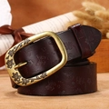 Vintage dark brown leather belt with butterfly flower embossing and bronze floral buckle - Coffee
