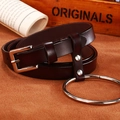 Ceinture femme en cuir marron foncé avec grande boucle anneau argentée style vintage - Café